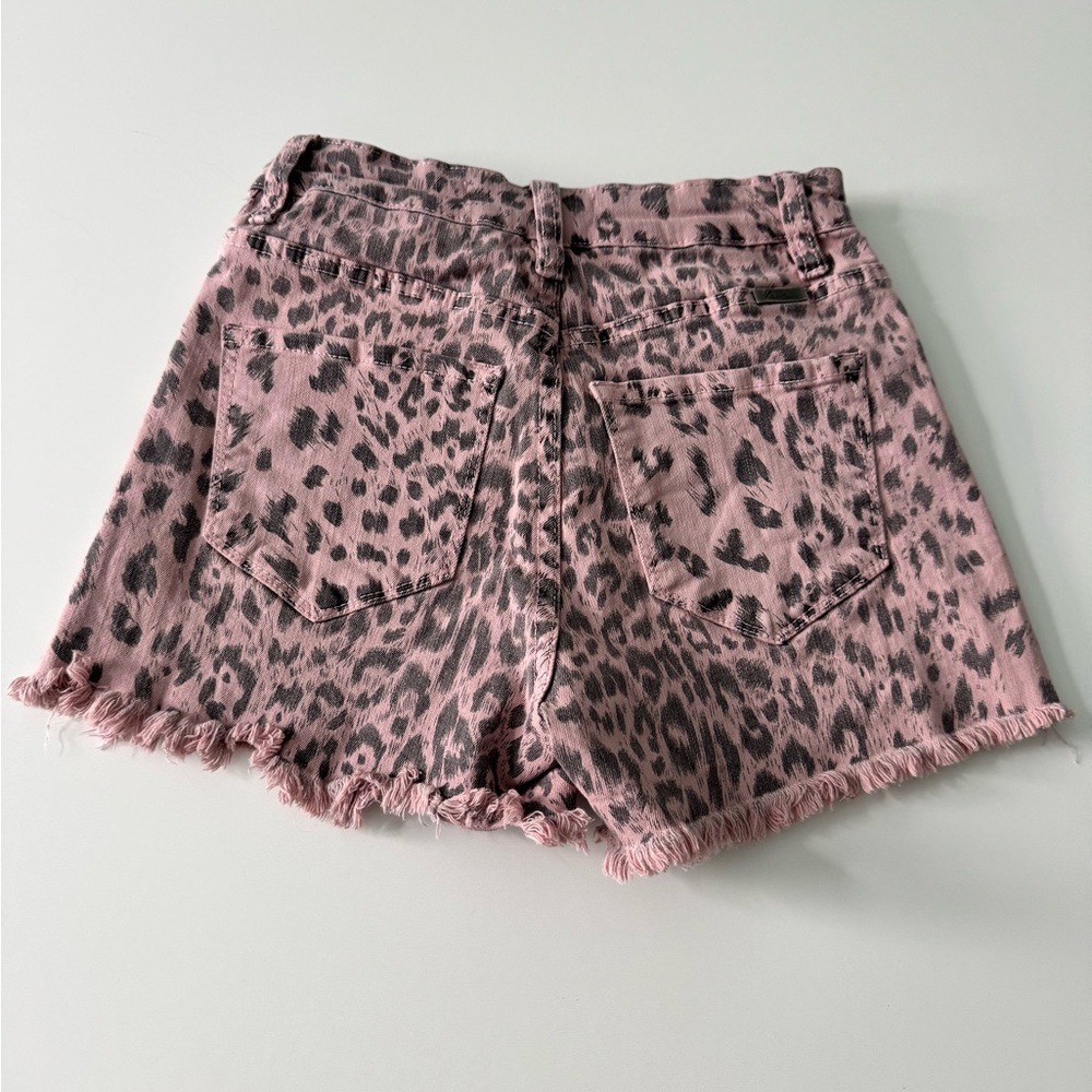 KanCan Pink and Black Cheetah Print Denim Shorts - Picture 2 of 9